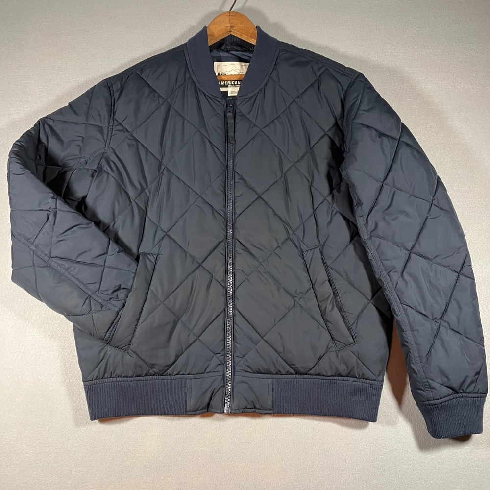 American Eagle Mens M Navy Blue Diamond Quilted Bomber Puffer Jacket Full Zip